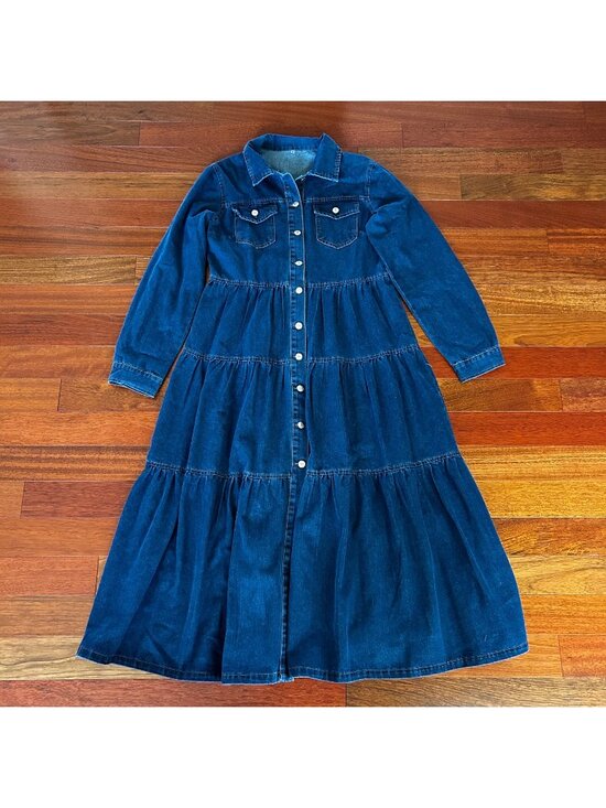 Unbranded Dresses & Skirts - Women's Blue Denim Tiered Maxi Dress Button Front Long Sleeve Size XL
